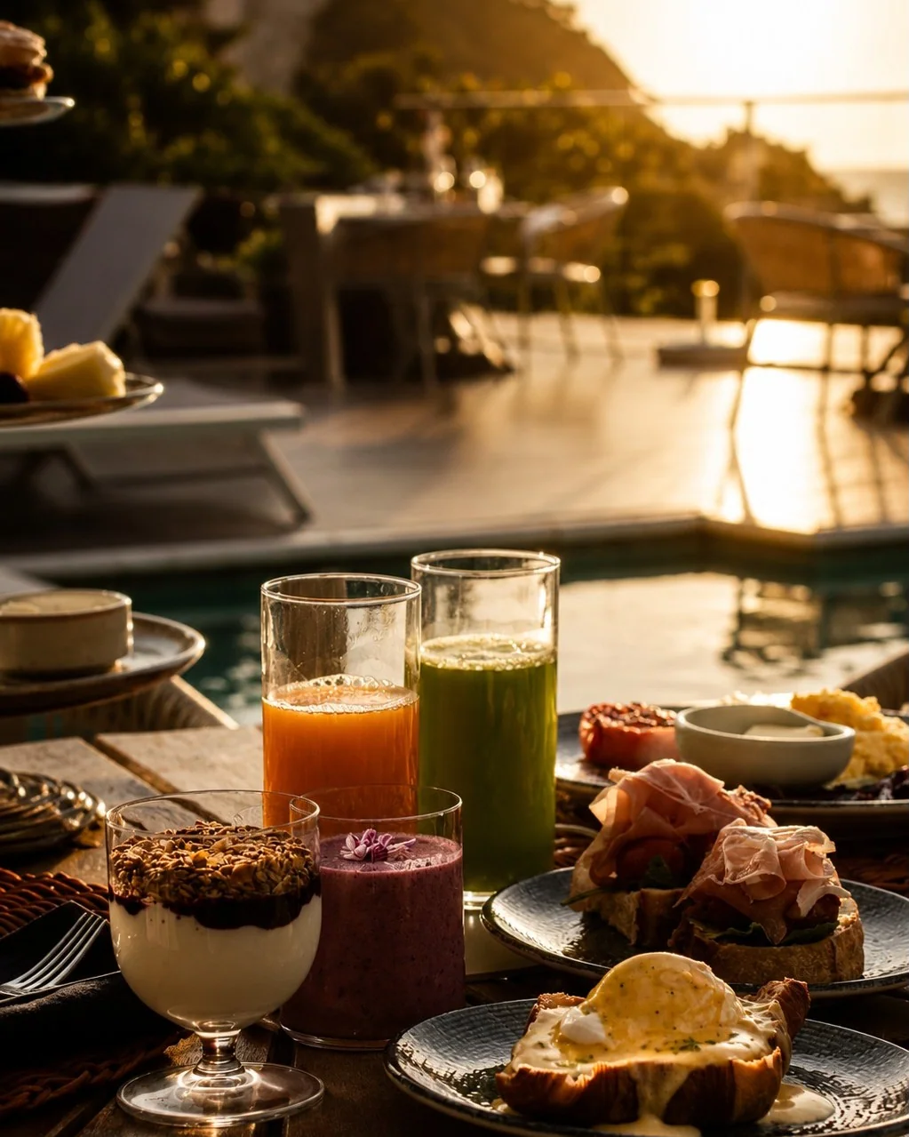 A mesa do Café do Lido posta, com sucos e frutas, de frente para a piscina e o mar