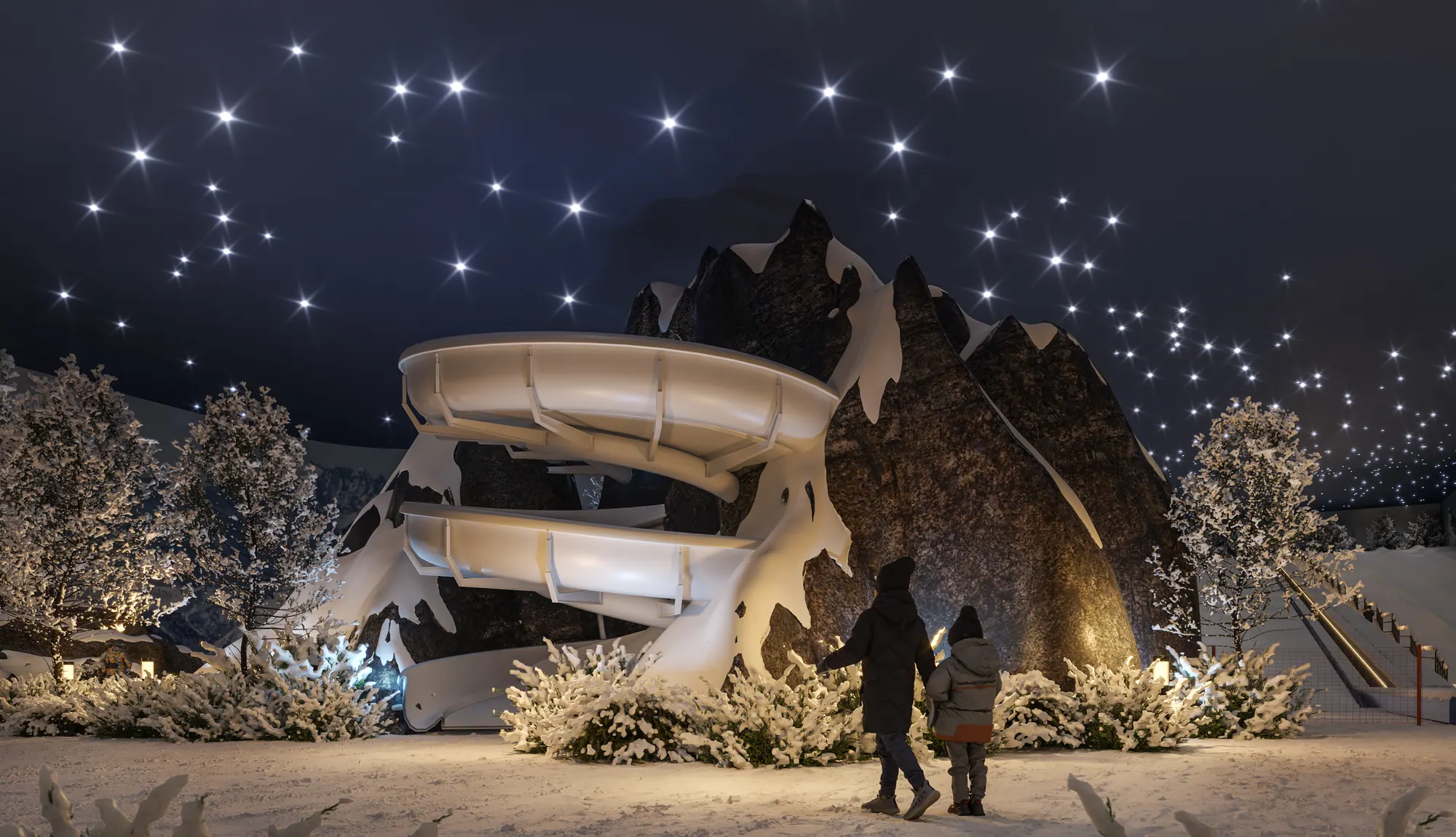 O parque de neve, com o tobogã e a montanha cenográfica