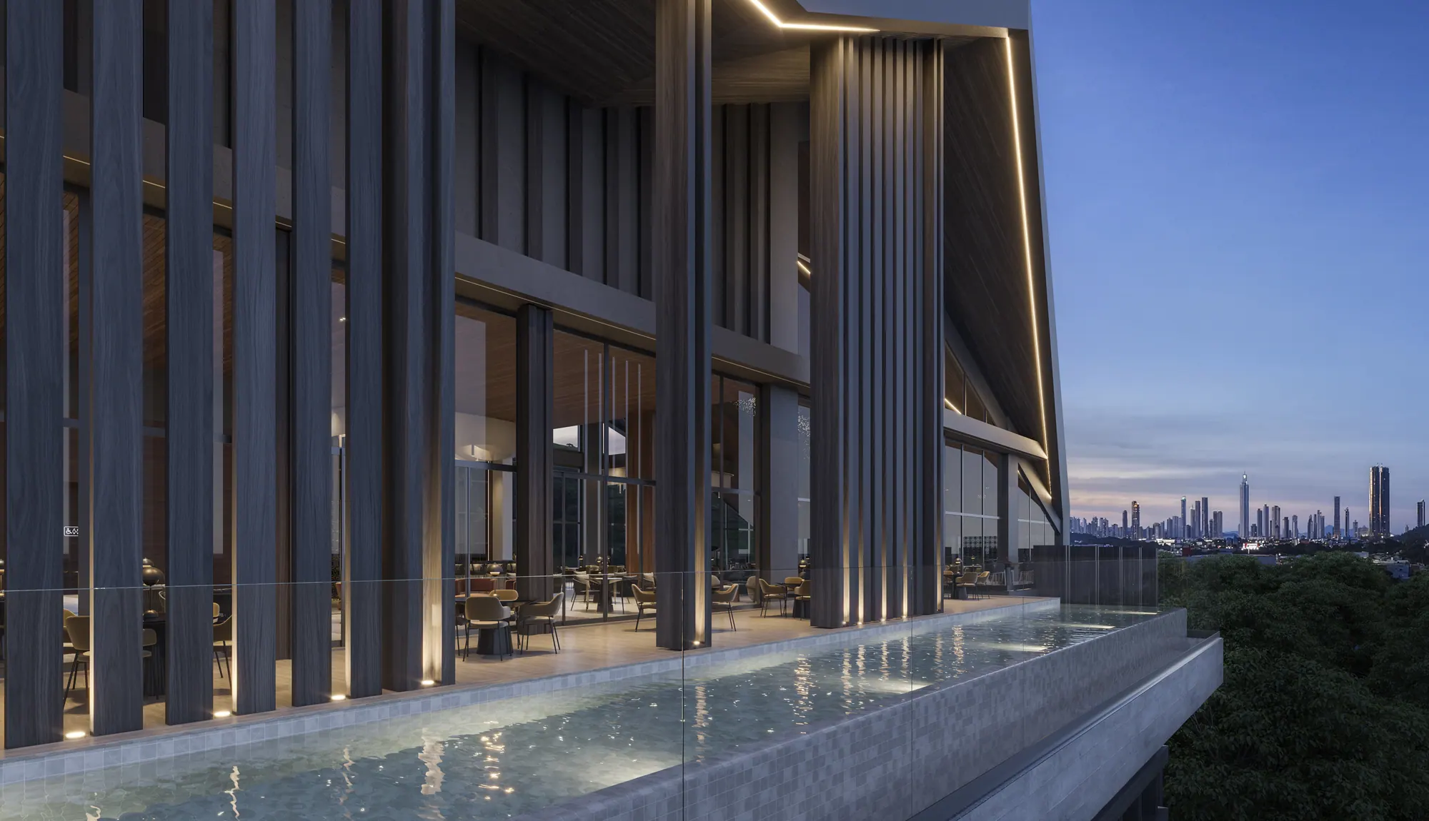 A piscina suspensa do rooftop, com o skyline de Balneário Camboriú
